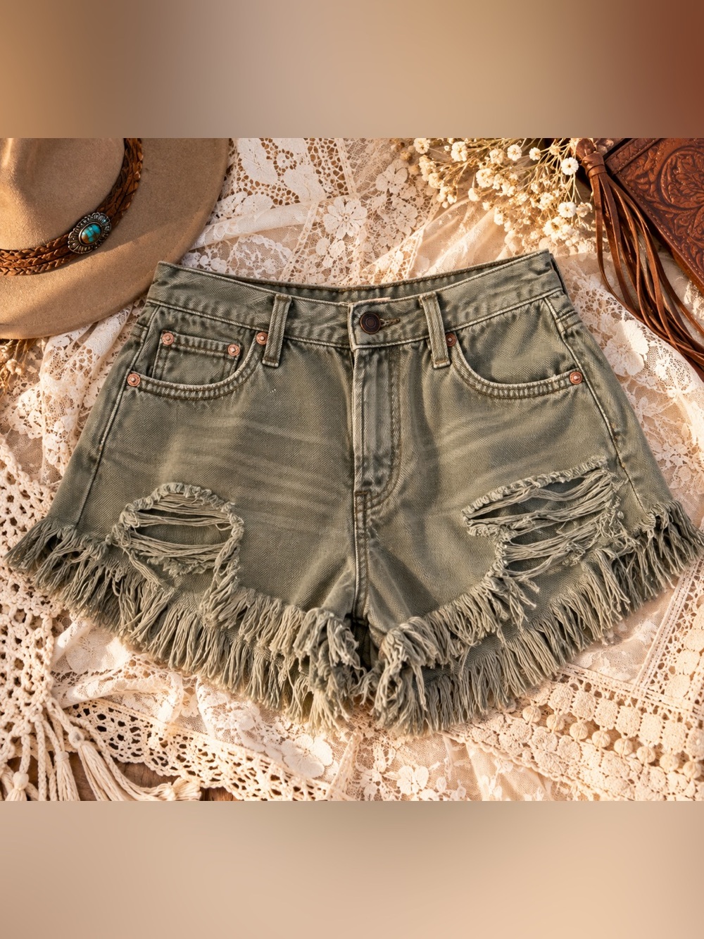 Olive green free people we the free fringe western boho distressed denim shorts